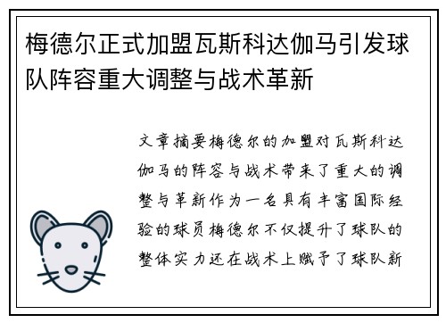 梅德尔正式加盟瓦斯科达伽马引发球队阵容重大调整与战术革新