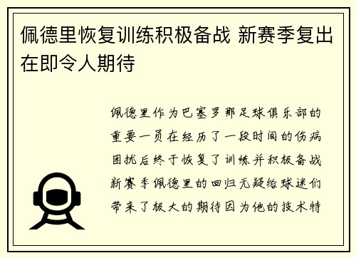 佩德里恢复训练积极备战 新赛季复出在即令人期待 佩德里恢复训练积极备战 新赛季复出在即令人期待
