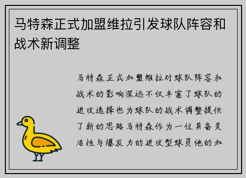 马特森正式加盟维拉引发球队阵容和战术新调整 马特森正式加盟维拉引发球队阵容和战术新调整