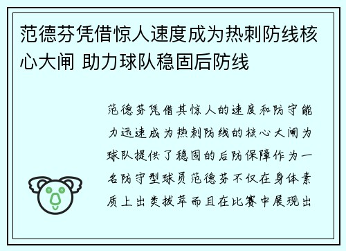 范德芬凭借惊人速度成为热刺防线核心大闸 助力球队稳固后防线